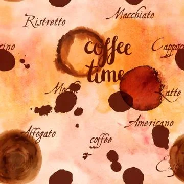 Coffee Time seamless background texture with words and stains Stock Illustration