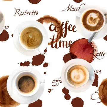 Coffee Time seamless background texture with words and stains Foto stock