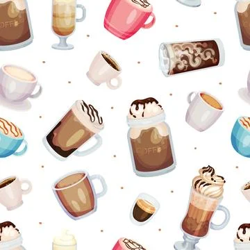 Coffee Time Seamless Pattern Design with Aromatic Drink in Cup and Glass Vector Stock Illustration