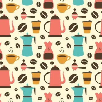 Coffee Time Seamless Pattern Design With Cacao Beans, Grains and Jug in Car.. 库存插图