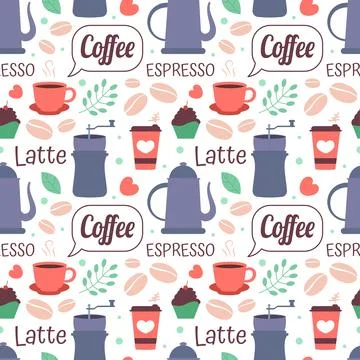 Coffee Time Seamless Pattern Design With Cacao Beans, Grains and Jug in Car.. イラスト素材