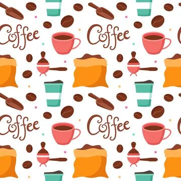 Coffee Time Seamless Pattern Design With Cacao Beans, Grains and Jug in Car.. Illustrazione stock