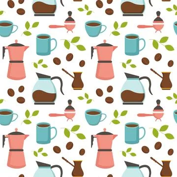 Coffee Time Seamless Pattern Design With Cacao Beans, Grains and Jug in Car.. Illustrazione stock