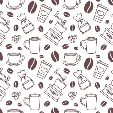 Coffee Time Seamless Pattern Design With Cacao Beans, Grains and Jug in Car.. Illustrazione stock