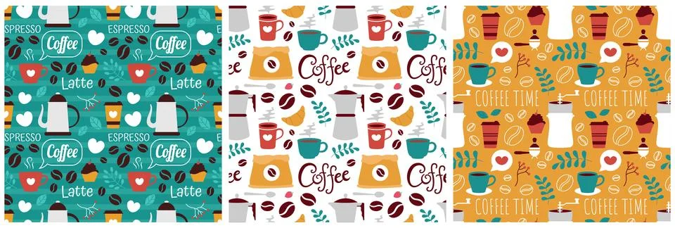 Coffee Time Seamless Pattern Design With Cacao Beans, Grains and Jug in Car.. 库存插图