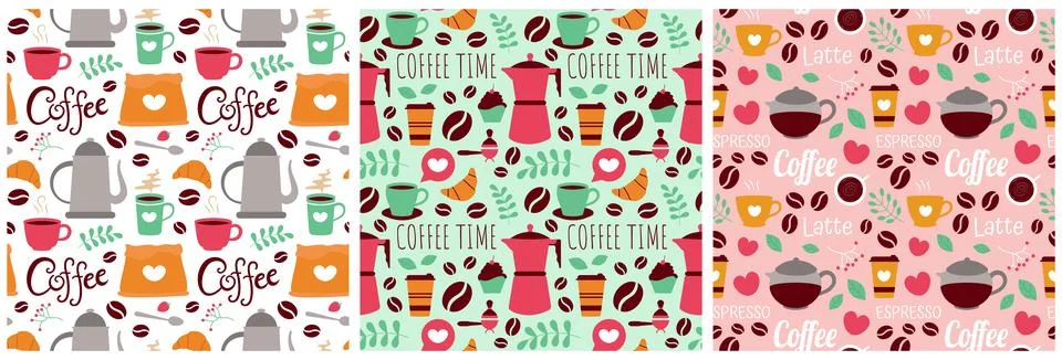 Coffee Time Seamless Pattern Design With Cacao Beans, Grains and Jug in Car.. イラスト素材