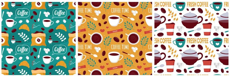 Coffee Time Seamless Pattern Design With Cacao Beans, Grains and Jug in Car.. Stock Illustration