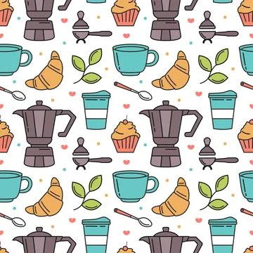 Coffee Time Seamless Pattern Design With Cacao Beans, Grains and Jug in Car.. 库存插图