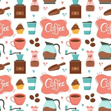 Coffee Time Seamless Pattern Design With Cacao Beans, Grains and Jug in Car.. Illustrazione stock