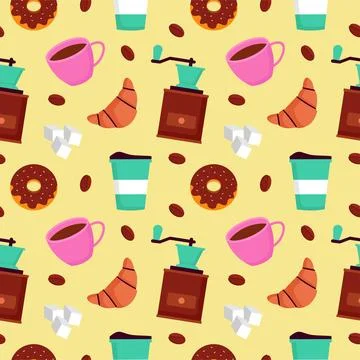 Coffee Time Seamless Pattern Design With Cacao Beans, Grains and Jug in Car.. 库存插图