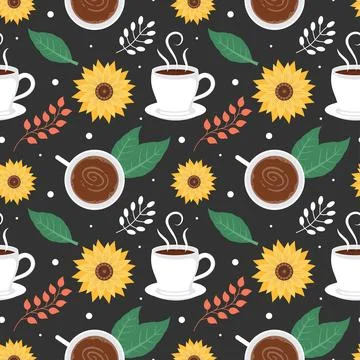 Coffee Time Seamless Pattern Design With Cacao Beans, Grains and Jug in Car.. Stock Illustration
