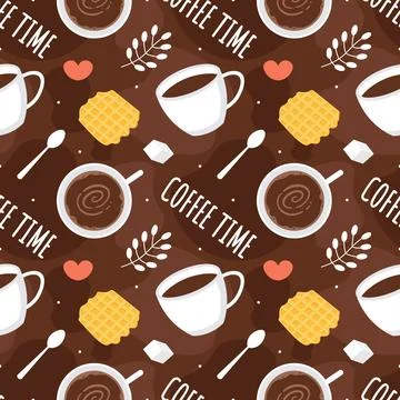 Coffee Time Seamless Pattern Design With Cacao Beans, Grains and Jug in Car.. Illustrazione stock