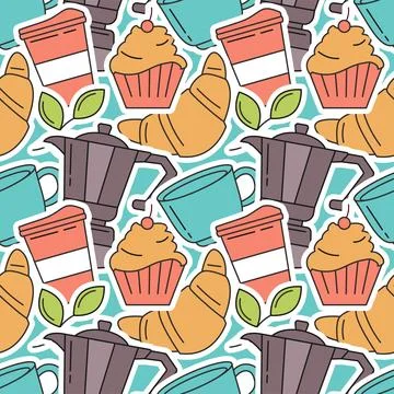 Coffee Time Seamless Pattern Design With Cacao Beans, Grains and Jug in Car.. Stock Illustration