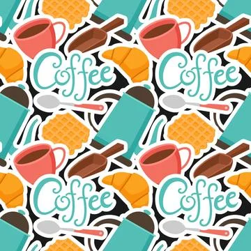Coffee Time Seamless Pattern Design With Cacao Beans, Grains and Jug in Car.. Illustrazione stock