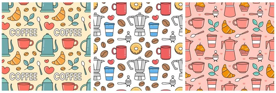 Coffee Time Seamless Pattern Design With Cacao Beans, Grains and Jug in Car.. イラスト素材