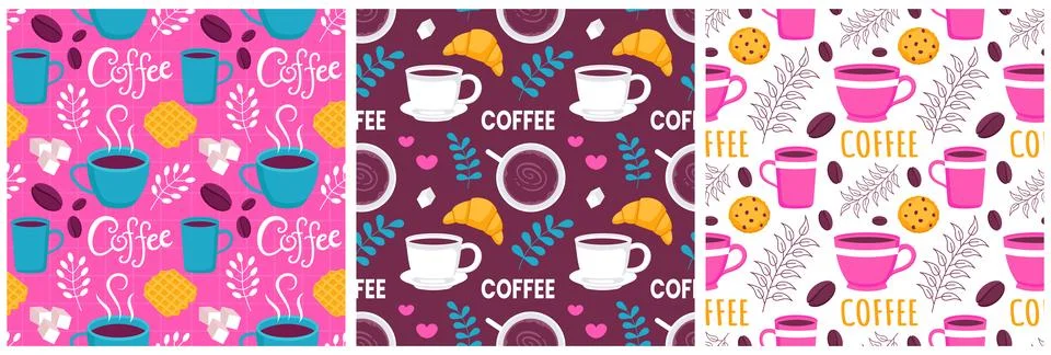 Coffee Time Seamless Pattern Design With Cacao Beans, Grains and Jug in Car.. Stock Illustration