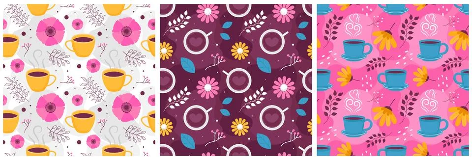 Coffee Time Seamless Pattern Design With Cacao Beans, Grains and Jug in Car.. 库存插图