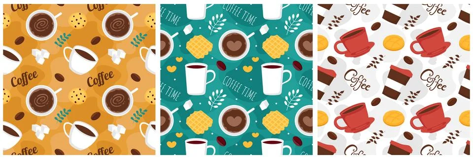 Coffee Time Seamless Pattern Design With Cacao Beans, Grains and Jug in Car.. 库存插图