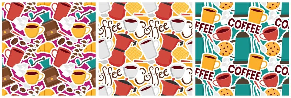 Coffee Time Seamless Pattern Design With Cacao Beans, Grains and Jug in Car.. Stock Illustration