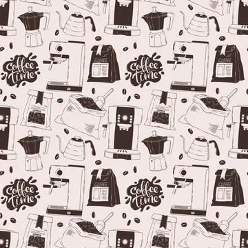 Coffee time seamless pattern doodle vector with espresso machine, moka pot and Stockillustratie