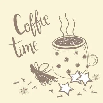 Coffee time text. Coffee, cinnamon and carnation Stock Illustration