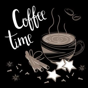 Coffee time text. Coffee, cinnamon and carnation Stock Illustration