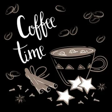 Coffee time text. Coffee, cinnamon and carnation Stock Illustration