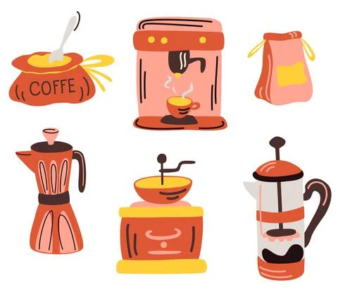Coffee tool and utensils. Coffee machine, French press, geyser coffee maker,  Stock Illustration