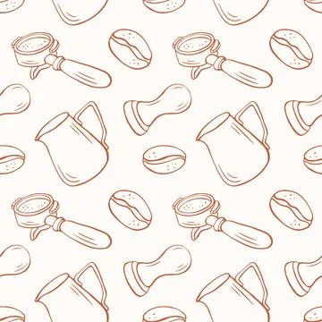 Coffee tools and beans seamless pattern in line art style. Portafilter, tamper Stock Illustration
