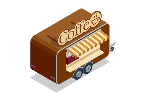 Coffee Trailer. Isometric coffee trailer kiosk with striped awning and espresso Stock Illustration