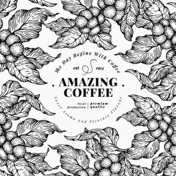 Coffee tree banner template. Vector illustration. Vintage coffee frame. Hand Stock Illustration