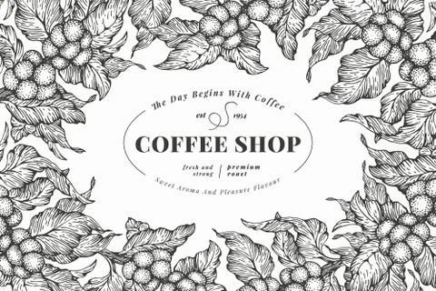 Coffee tree banner template. Vector illustration. Vintage coffee frame. Hand Stock Illustration