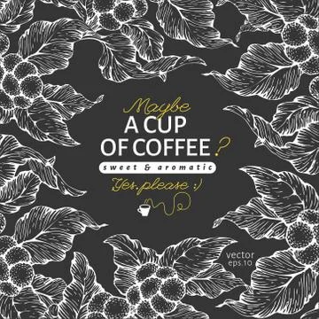 Coffee tree banner template. Vector illustration on chalk board. Vintage coffee Illustrazione stock