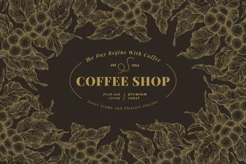 Coffee tree banner template. Vector illustration. Vintage coffee frame. Hand Stock-Illustration