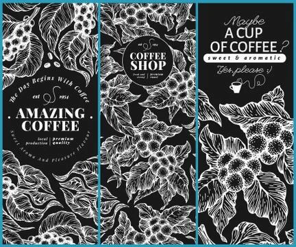 Coffee tree banner templates. Vector illustration on chalk board. Vintage coffee Illustrazione stock
