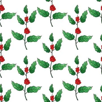 Coffee tree seamless doodle pattern, vector hand draw illustration Stock Illustration