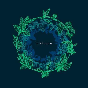 Coffee tree. Tropical foliage. Vector neon design in circle. Nature green lea Stock Illustration