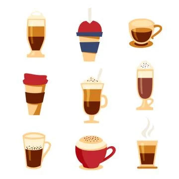 Coffee types icons set, flat style. Beverages menu Stock Illustration