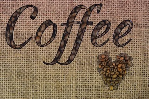 Coffee typography with beans on burlap background Stock Photos