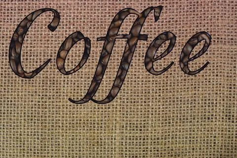 Coffee typography on burlap texture with bean-filled letters Stock Photos