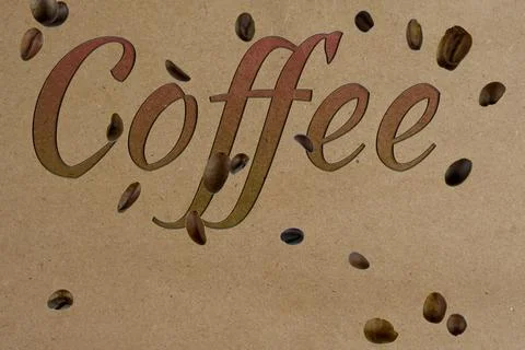 Coffee typography with falling coffee beans on kraft paper background Stock Photos