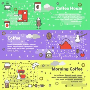 Coffee vector flat line art banner set Illustrazione stock