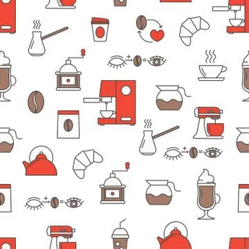 Coffee vector flat line art decorative seamless pattern Stockillustratie