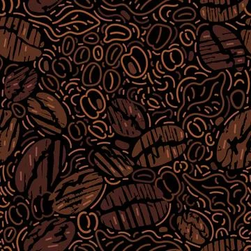 Coffee. Vector graphic seamless pattern. Nature art line leaves, bean, grain. Stock Illustration