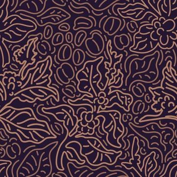 Coffee. Vector graphic seamless pattern. Nature tree, art line branch, leaves Stock Illustration