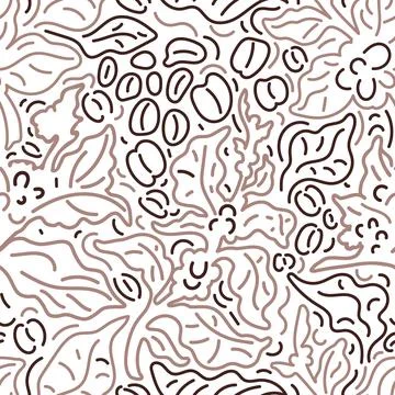 Coffee. Vector graphic seamless pattern. Nature tree, art line branch, leaf,  イラスト素材