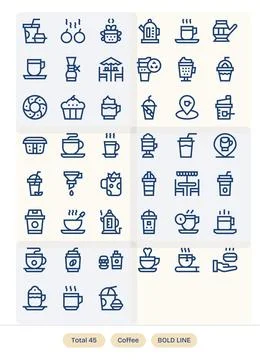 Coffee Vector Icon Collection with 45 256x256 Bold Line Designs Stock Illustration