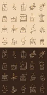 Coffee vector icons set in linear style on a beige and brown background. Stock Illustration