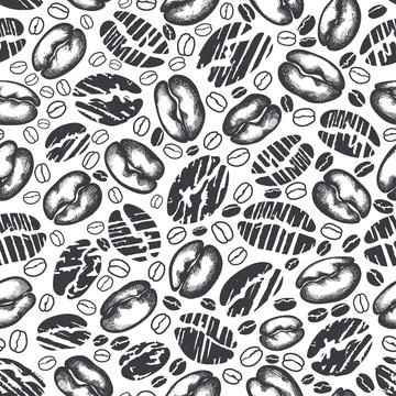 Coffee. Vector seamless pattern. Silhouette of black bean, shape of grain. Ar Stock Illustration