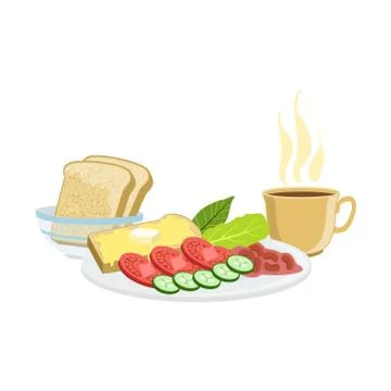 Coffee, Vegetables, Toasts And Beans Breakfast Food  Drink Set Stock Illustration